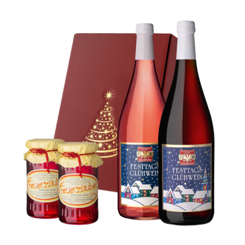 2 x Glühweine (rosé & rot), 2 x Glühwein-Gelee, 1 x Geschenkbox