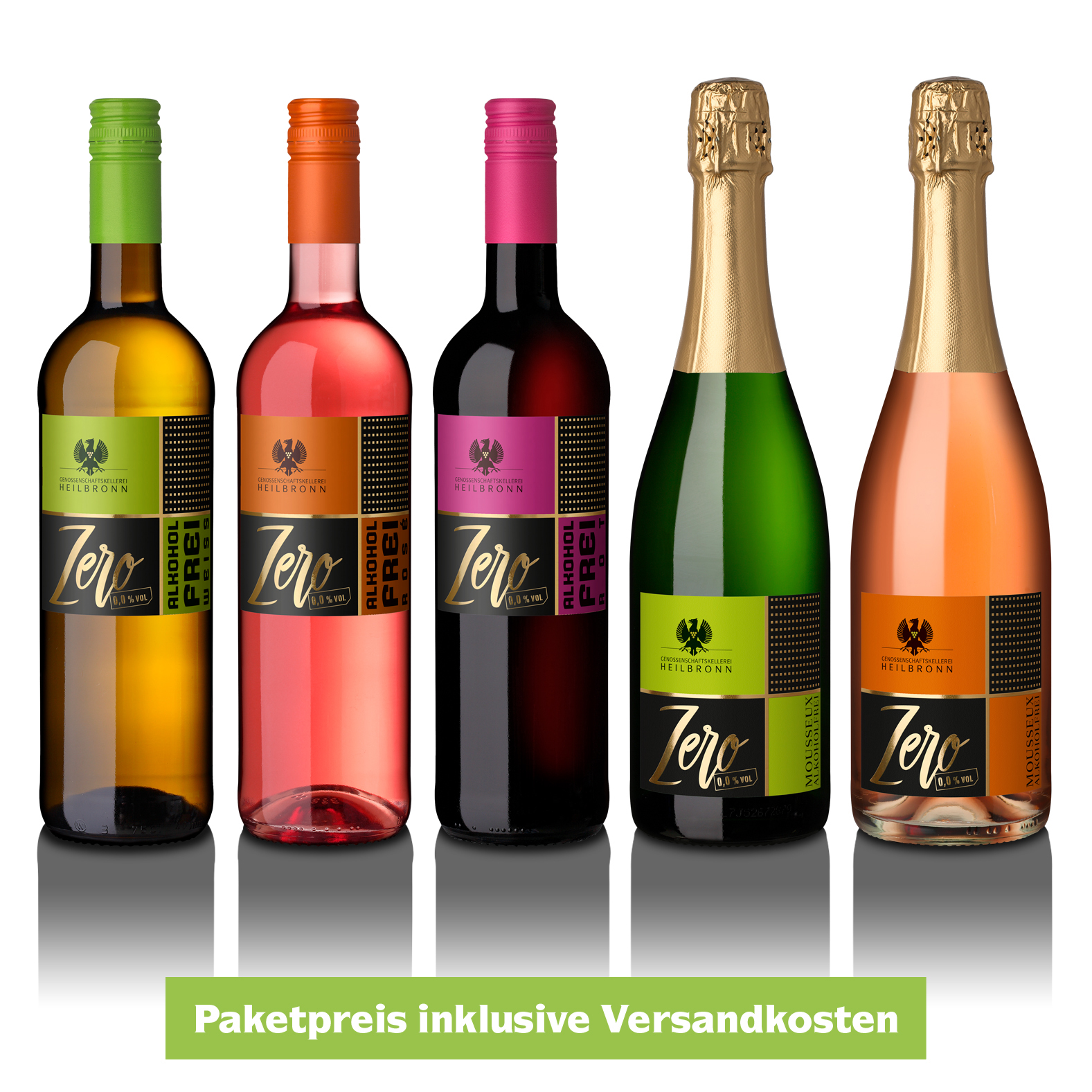 5 Flaschen Zero Alkoholfrei auf weißem Background
