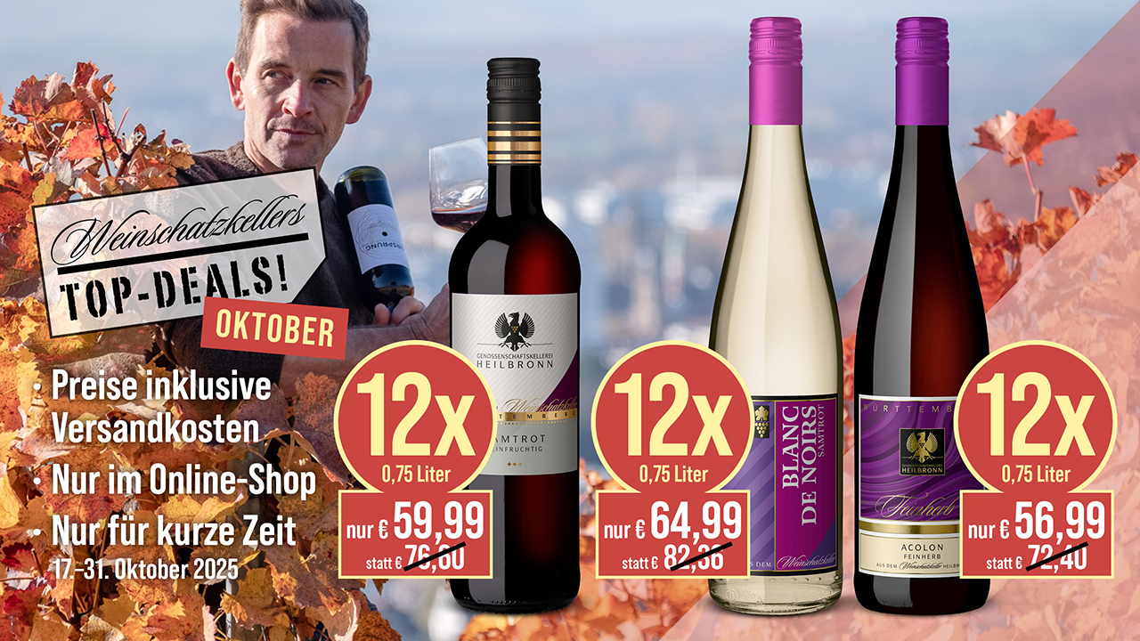 Oktober Top-Deals: 12xSamtrot für 59,99€, 12xSamtrot Blanc de Noir für 64,99€, Acolon für 56,99€. Preise inkl. Versandkosten. Nur für kurze Zeit bis 31.Oktober.