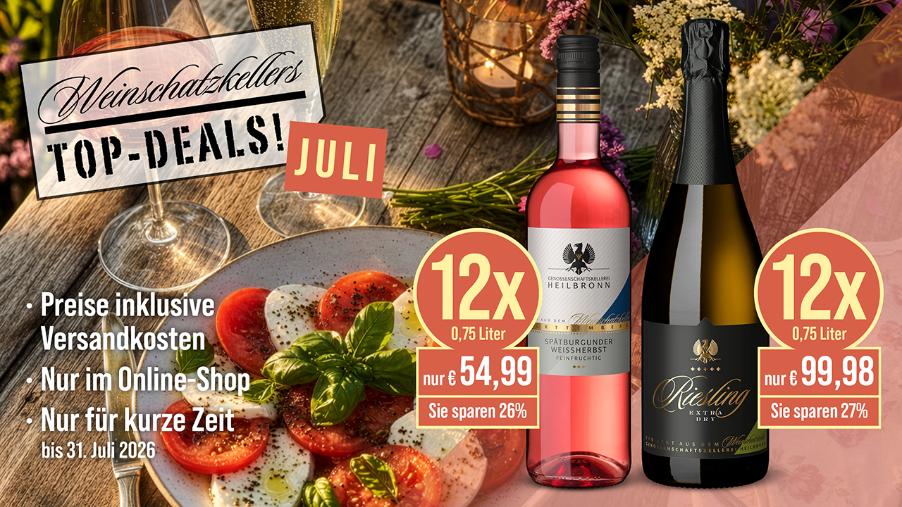 Top-Deals Juli: 12*Spätburgunder Weissherbst für 54,99€ und 12xRiesling Sekt Extra Dry für 99,98€ . Preise inkl. Versandkosten. Nur im Onlineshop. Nur für Kurze Zeit bis 31.07.2026