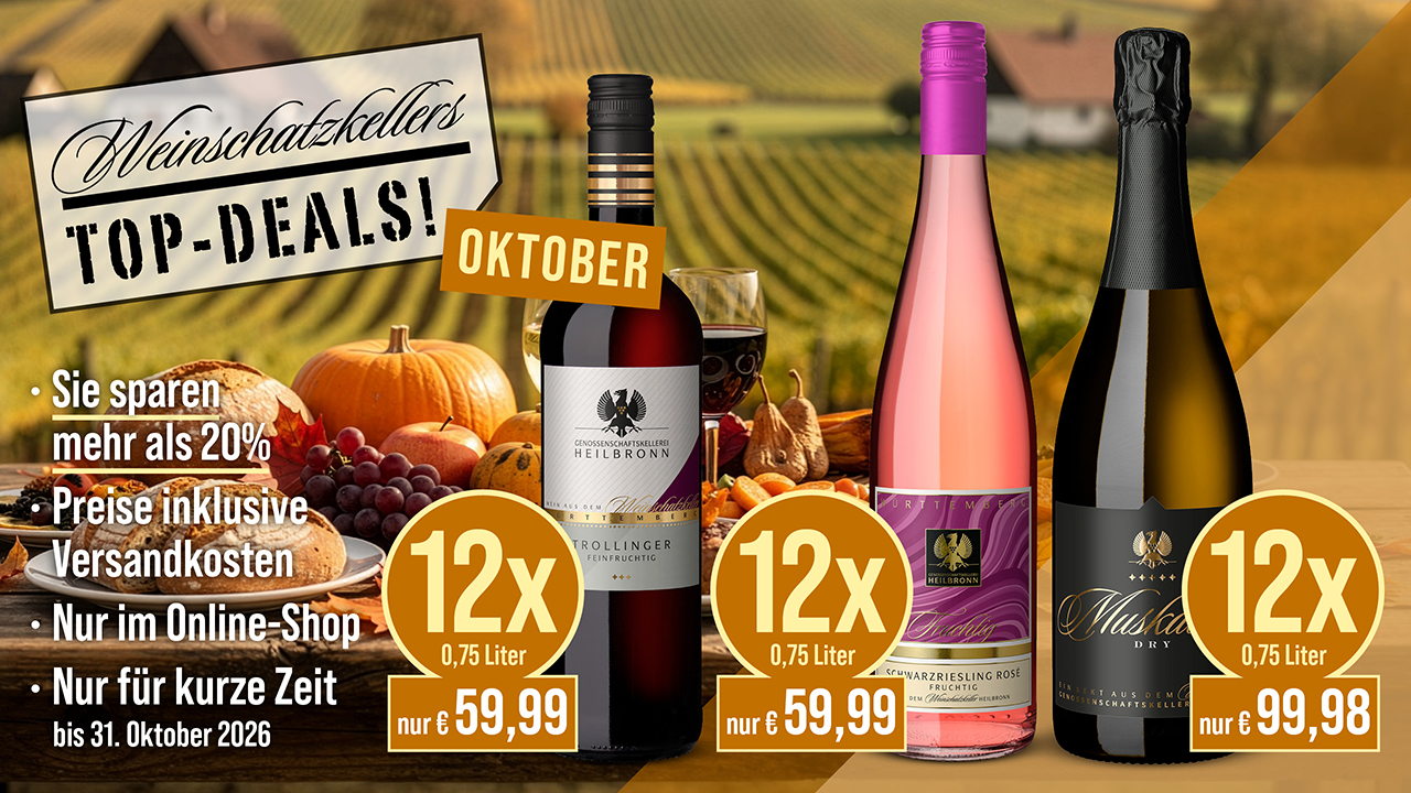 Flasche Trollinger, feinfruchtig, Flasche Schwarzriesling Rosé, Flasche Muskateller Sekt dry. Auf dem Hintergrund - Weinberge im Herbst, ein Tisch mit dem Brot, dem Kürbis, dem Wein, dem Apfel, den trockenen Birne.