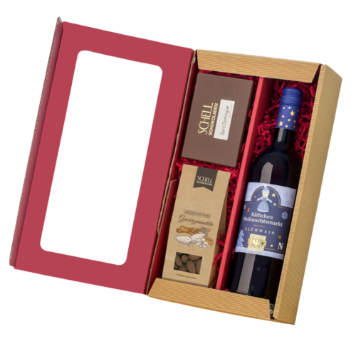 1 x Käthchen Weihnachtsmarkt Glühwein, 1 x "Saint Dominque" Schokolade, 1 x Gewürzmandeln im Box