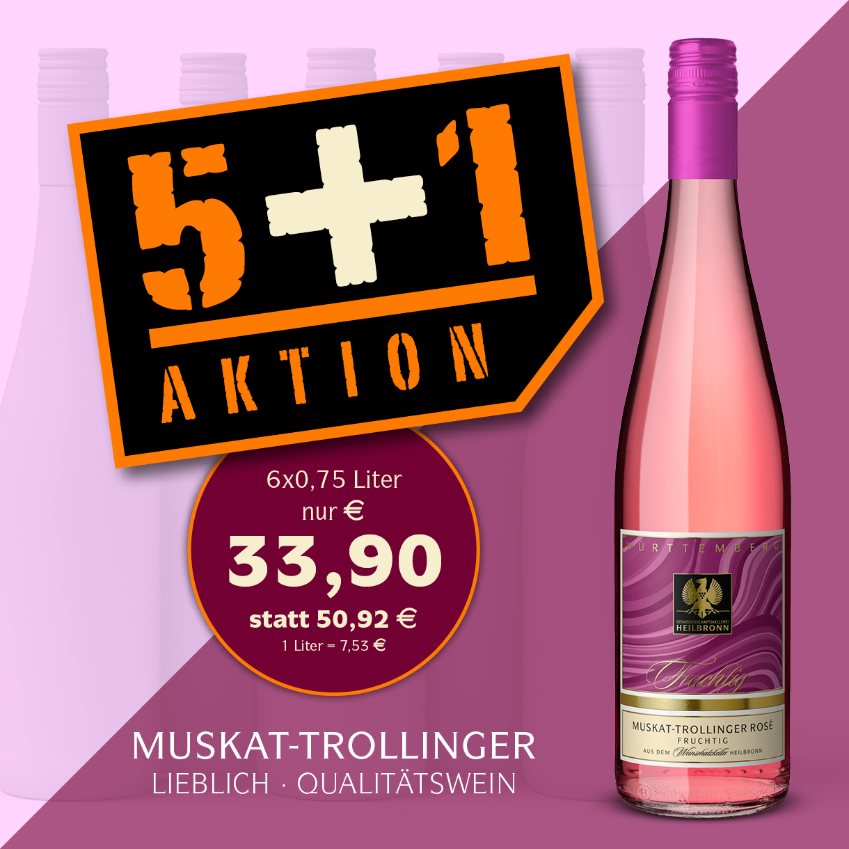 Plusaktion-NL-quadratisch3 5+1 Muskat - Trollinger Rosé fruchtig für 33,90 €